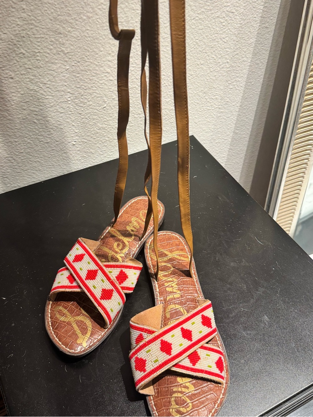 Sam Edelman Beaded Red & White Cross-Strap Women's Sandals - Picture 2 of 3
